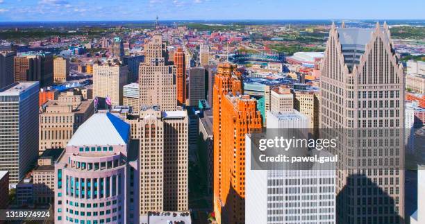 aerial view of office buildings in detroit city downtown michigan usa - detroit michigan stock pictures, royalty-free photos & images