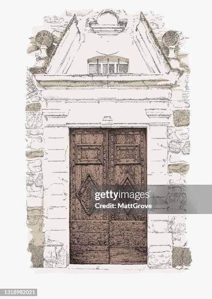 chateau door, ancient architectural details - old castle entrance stock illustrations