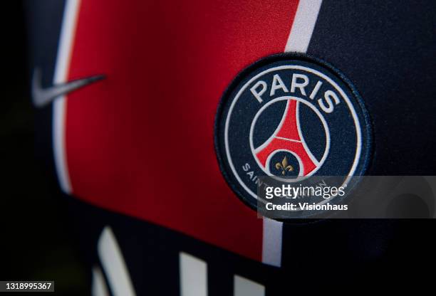 The Paris Saint-Germain home shirt displaying the club badge on May 19, 2021 in Manchester, United Kingdom.