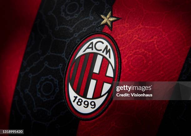 The AC Milan home shirt displaying the club badge on May 19, 2021 in Manchester, United Kingdom.