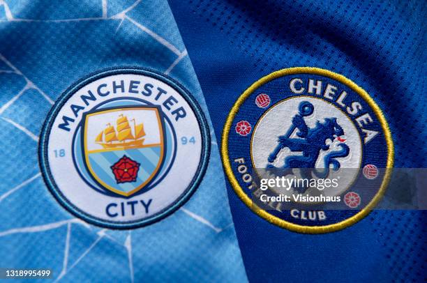 The Chelsea and Manchester City home shirts displaying the club badges ahead of the UEFA Champions League final on May 19, 2021 in Manchester, United...