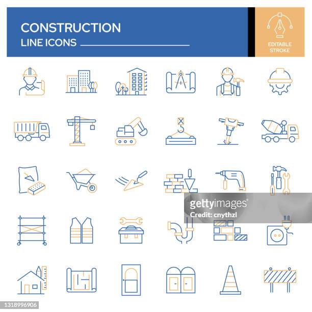 set of construction and buildings related line icons. outline symbol collection, editable stroke - construction vehicle stock illustrations