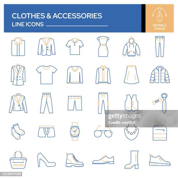 set of clothes and accessories related line icons. outline symbol collection, editable stroke - fashion industry icons stock illustrations