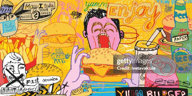 stockillustraties, clipart, cartoons en iconen met hamburger eters in fastfoodrestaurant. - afhaal eten