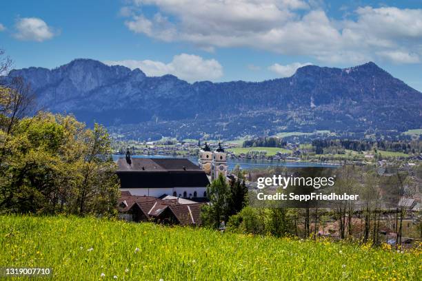 salzkammergut mondsee drachenwand in the back - mondsee stock pictures, royalty-free photos & images