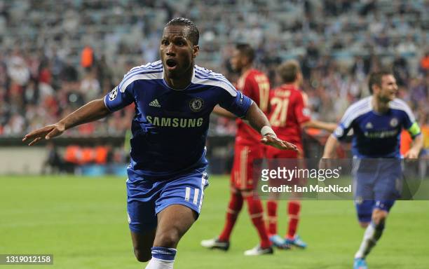 Didier Drogba of Chelsea celebrates after scoring his team's equalizing goal during UEFA Champions League Final between FC Bayern Muenchen and...