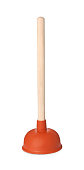 Plunger with wooden handle isolated on white. Toilet cleaning tool