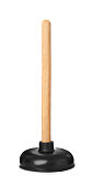Plunger with wooden handle isolated on white. Toilet cleaning tool