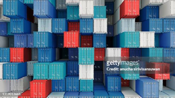 container box in warehouse in shipping port. - freight transportation stock-fotos und bilder