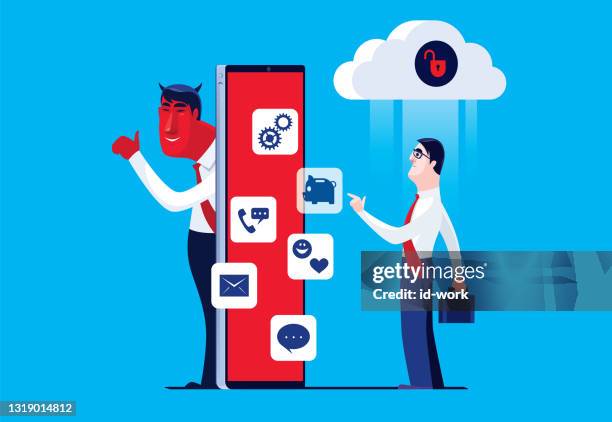 businessman using smartphone with unsafe cloud computing - breaking through clouds stock illustrations