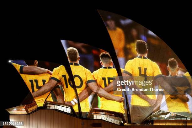 The Sydney Opera House is seen illuminated as part of Australia's 2027 Rugby World Cup bid to host the tournament during the Australian Rugby World...
