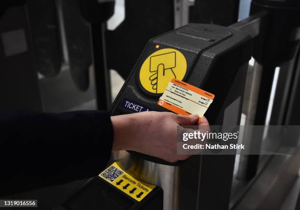 Train ticket is used at Stoke-on-Trent Train Station on May 20, 2021 in Stoke, England. The British government has created a state-owned body, Great...