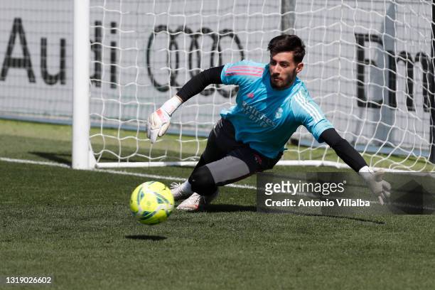 Diego Altube of Real Madrid in action during a training session at Valdebebas training ground on May 20, 2021 in Madrid, Spain.