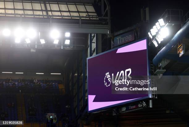 Detailed view of the VAR screen during the Premier League match between Chelsea and Leicester City at Stamford Bridge on May 18, 2021 in London,...