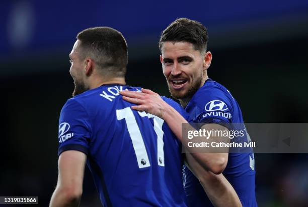 Jorginho of Chelsea with Mateo Kovacic of Chelsea during the Premier League match between Chelsea and Leicester City at Stamford Bridge on May 18,...