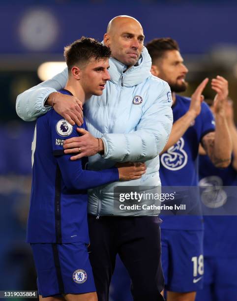 Mason Mount of Chelsea with Willy Caballero of Chelsea after the Premier League match between Chelsea and Leicester City at Stamford Bridge on May...