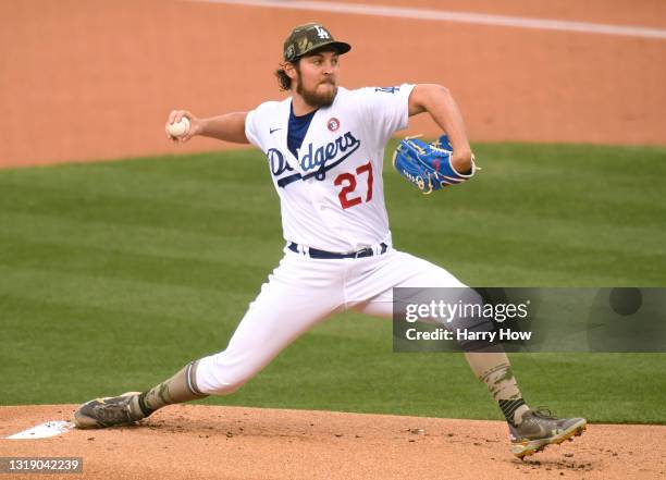 Trevor Bauer of the Los Angeles Dodgers pitches against the Miami Marlins during the first inning at Dodger Stadium on May 15, 2021 in Los Angeles,...