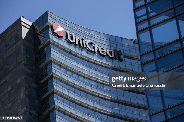 The logo of Italian international banking group Unicredit stands on the facade of the group headquarters, located in the Porta Nuova district on May...