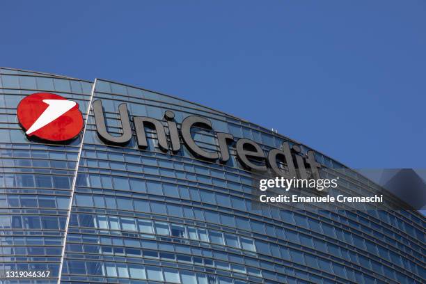 The logo of Italian international banking group Unicredit stands on the facade of the group headquarters, located in the Porta Nuova district on May...
