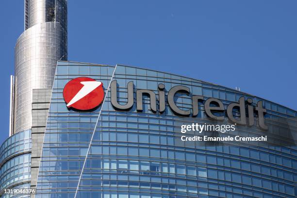 The logo of Italian international banking group Unicredit stands on the facade of the group headquarters, located in the Porta Nuova district on May...