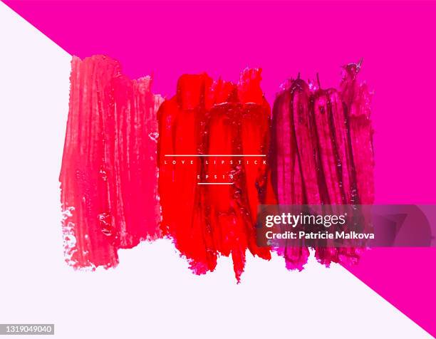 illustrazioni stock, clip art, cartoni animati e icone di tendenza di sbavatura di rossetto rosso vettoriale su sfondo colorato, sfondo d'amore, composizione cosmetica, illustrazione di design make up, pennellate realistiche del rossetto - rossetto rosso