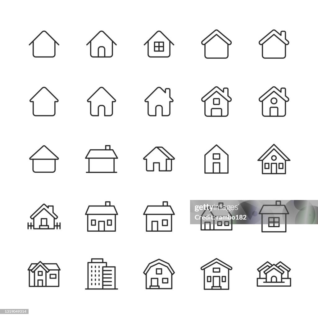 Home und Building Line Icons. Bearbeitbarer Strich. Pixel perfekt. Für Mobile und Web. Enthält solche Symbole wie Wohnung, Architektur, Gebäude, Stadt, Bau, Familie, Hotel, Haus, Hütte, Hypothek, Nachbarschaft, Büro, Immobilien, Wolkenkratzer, Lager.