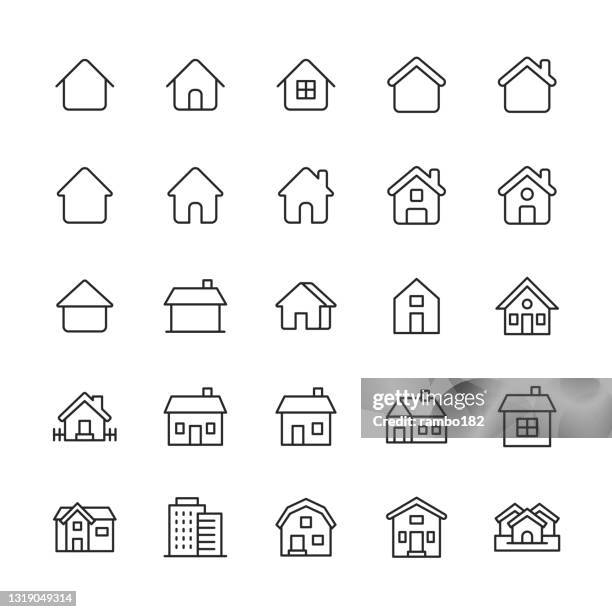 ilustraciones, imágenes clip art, dibujos animados e iconos de stock de iconos de línea de construcción y casa. trazo editable. pixel perfecto. para móviles y web. contiene iconos tales como apartamento, arquitectura, edificio, ciudad, construcción, familia, hotel, casa, cabaña, hipoteca, barrio, oficina, bienes raíces,  - residential building