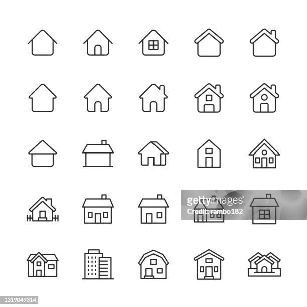 home and building line icons. editable stroke. pixel perfect. for mobile and web. contains such icons as apartment, architecture, building, city, construction, family, hotel, house, hut, mortgage, neighborhood, office, real estate, skyscraper, warehouse. - house stock illustrations
