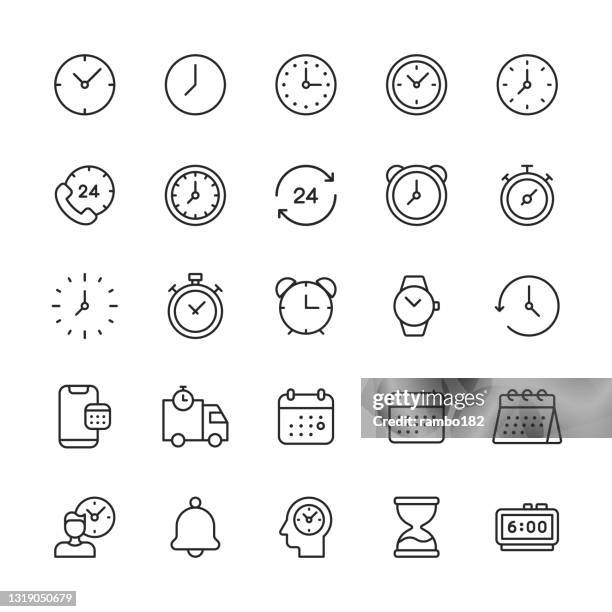 ilustrações de stock, clip art, desenhos animados e ícones de time and clock line icons. editable stroke. pixel perfect. for mobile and web. contains such icons as 24 hours, alarm clock, appointment, bell, calendar, countdown, date, deadline, delivery, efficiency, hourglass, investment, management, performance. - calendário