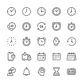 Time and Clock Line Icons. Editable Stroke. Pixel Perfect. For Mobile and Web. Contains such icons as 24 Hours, Alarm Clock, Appointment, Bell, Calendar, Countdown, Date, Deadline, Delivery, Efficiency, Hourglass, Investment, Management, Performance.
