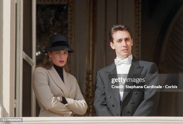 Princess Stephanie of Monaco and Daniel Ducruet pose at the Palace balcony during the Monaco National Day Celebrations on November 19, 1995 in...