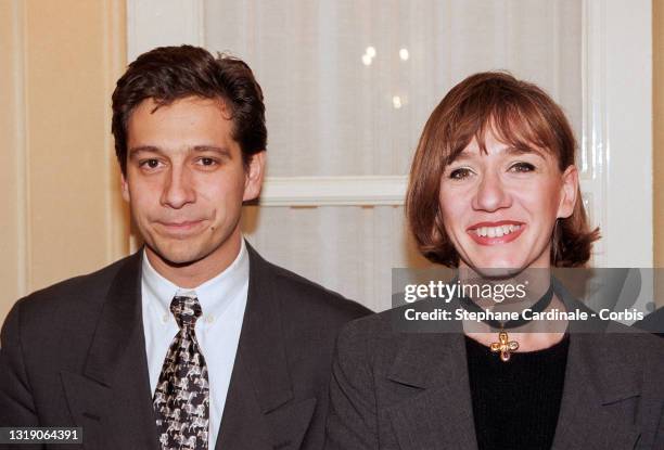 Laurent Gerra and Virginie Lemoine on November 23, 1995 in Paris, France.