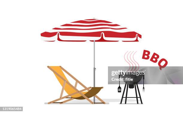 vektor-illustration von vintage-karawane mit strandkorb, bbq-grill und sonnenschirm. - bbq chicken stock-grafiken, -clipart, -cartoons und -symbole