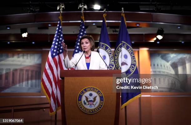 Speaker of the House Nancy Pelosi holds her weekly press conference at the U.S. Capitol on May 20, 2021 in Washington, DC. Pelosi spoke on the...