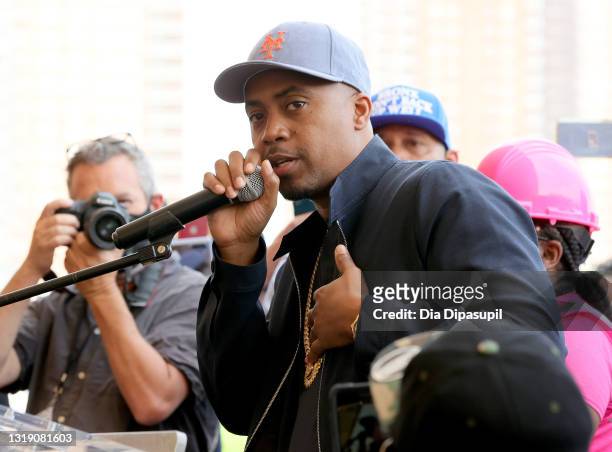 Rapper NAS speaks at The Universal Hip Hop Museum Groundbreaking Ceremony Held In Bronx Point on May 20, 2021 in New York City.