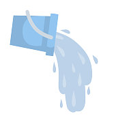 Blue bucket of water. Splash and splatter. Cleaning the house. Object for washing. Blue puddle on the floor. Liquid pours out. Cartoon flat illustration