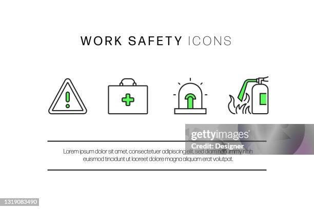 work safety related flat line icons. vector symbol illustration. - construction worker mask stock illustrations