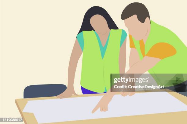 engineer and architect examining the project of the new building - office desk background stock illustrations
