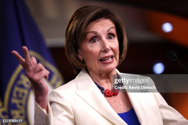 Speaker of the House Nancy Pelosi holds her weekly press conference at the U.S. Capitol on May 20, 2021 in Washington, DC. Pelosi spoke on the...