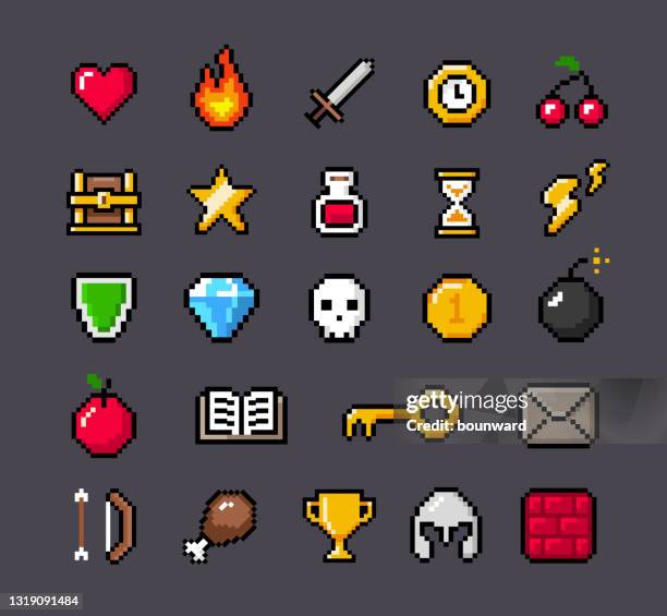 ilustraciones, imágenes clip art, dibujos animados e iconos de stock de iconos de juego de píxeles contorneados - pixelado