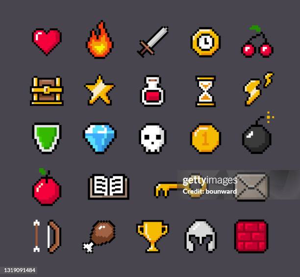 ilustraciones, imágenes clip art, dibujos animados e iconos de stock de iconos de juego de píxeles contorneados - sword