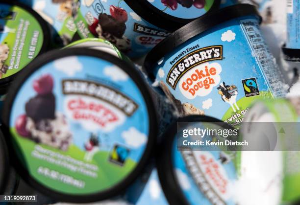 Ben and Jerry's ice cream is stored in a cooler at an event where founders Jerry Greenfield and Ben Cohen gave away ice cream to bring attention to...