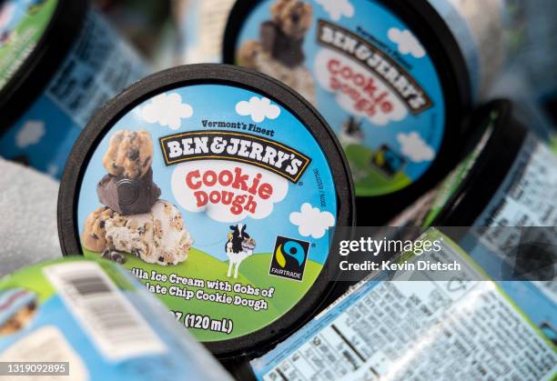 Ben and Jerry's ice cream is stored in a cooler at an event where founders Jerry Greenfield and Ben Cohen gave away ice cream to bring attention to...