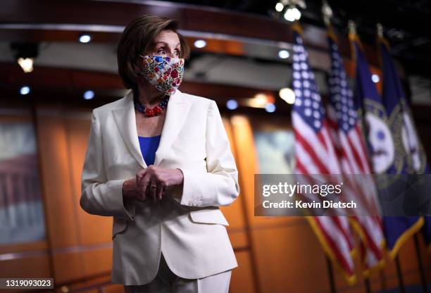 Speaker of the House Nancy Pelosi leaves following her weekly press conference at the U.S. Capitol on May 20, 2021 in Washington, DC. Pelosi spoke on...