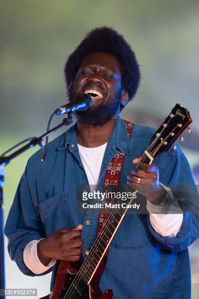 In this image released on May 21st, Michael Kiwanuka performs as part of the Glastonbury Festival Global Livestream “Live at Worthy Farm” at Worthy...