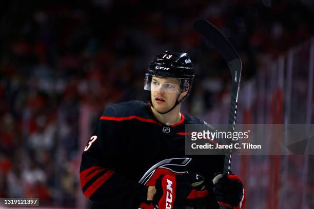 Warren Foegele of the Carolina Hurricanes looks on during the first period in Game Two of the First Round of the 2021 Stanley Cup Playoffs against...