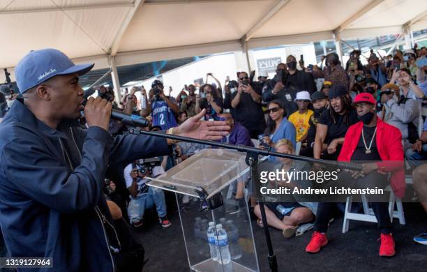 The rapper Nas attends the ground breaking ceremony for the future Universal Hip Hop Museum on May 20, 2021 in the Bronx, New York.