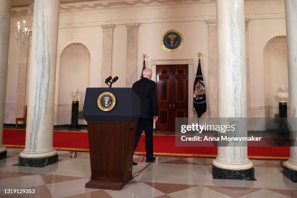 President Joe Biden walks away from the podium following his remarks on the conflict in the Middle East from the White House on May 20, 2021 in...