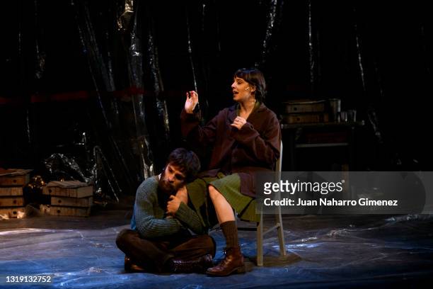 Ricardo Gomez and Belen Cuesta perform on stage during 'El Hombre Almohada' at Teatros del Canal on May 20, 2021 in Madrid, Spain.