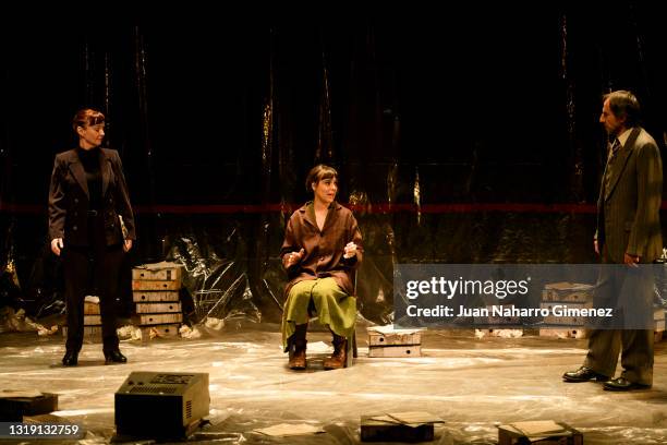 Manuela Paso, Belen Cuesta and Juan Codina perform on stage during 'El Hombre Almohada' at Teatros del Canal on May 20, 2021 in Madrid, Spain.